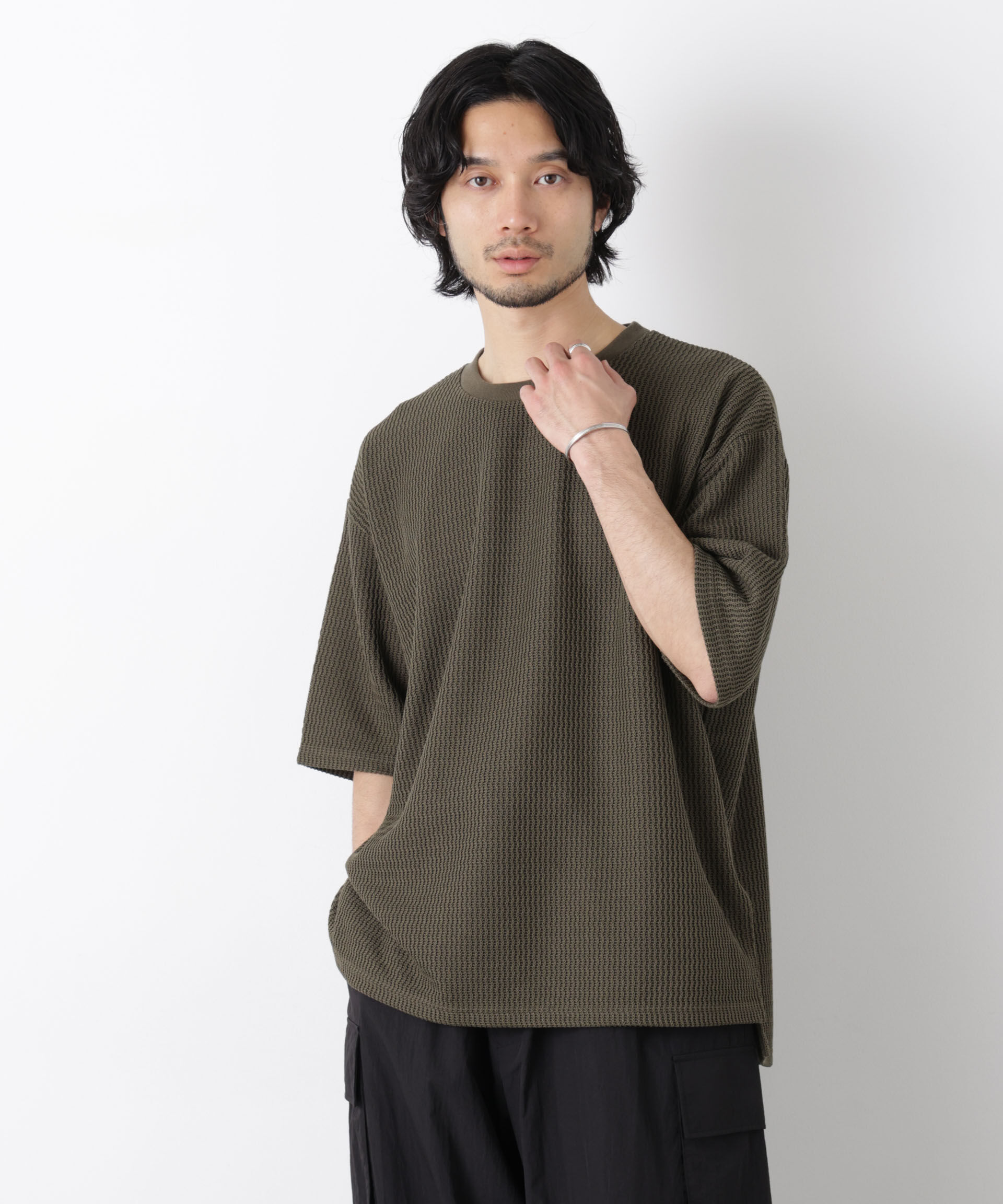 NANO universe「ジャガードニットソーTシャツ 半袖（セットアップ可）」|Tシャツ・カットソー|