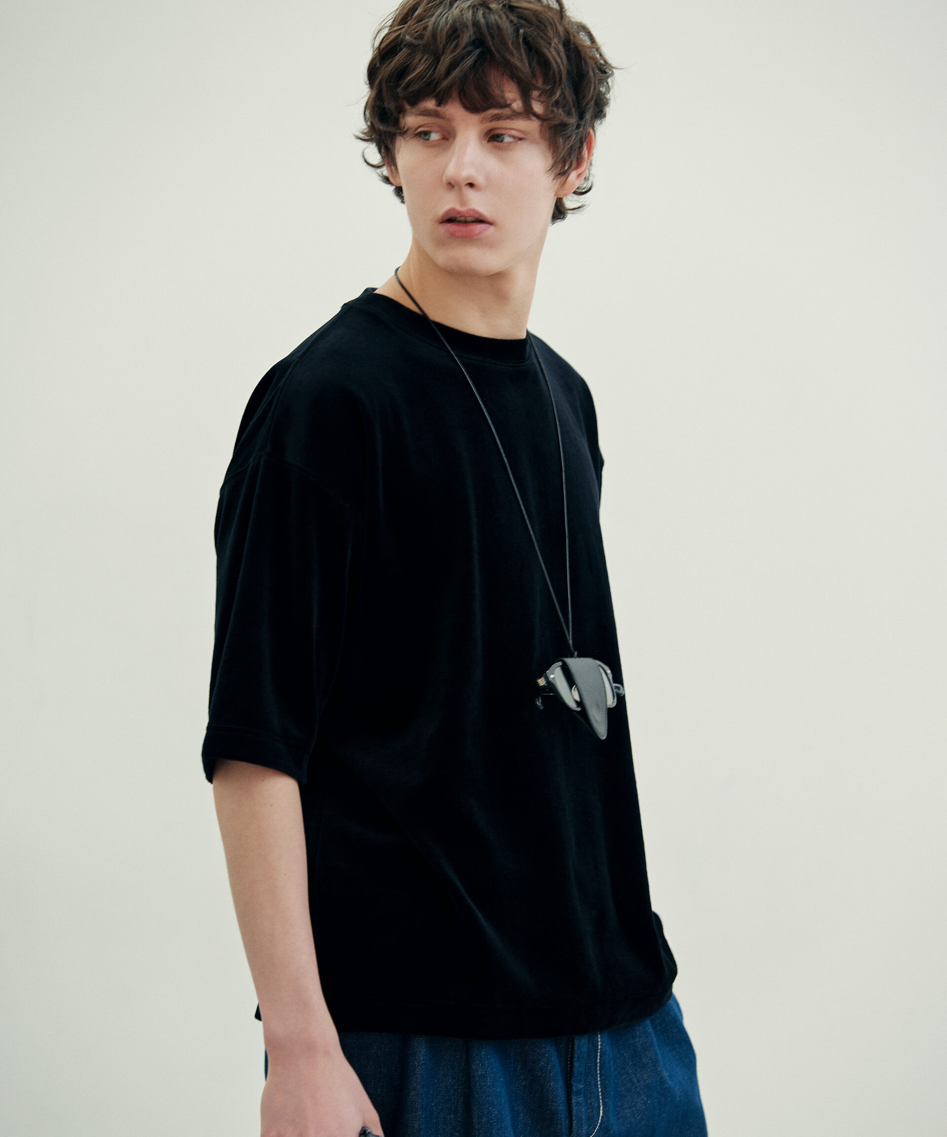 NANO universe「ベロア クルーネック Ｔシャツ 半袖」|Tシャツ・カットソー|ブラック