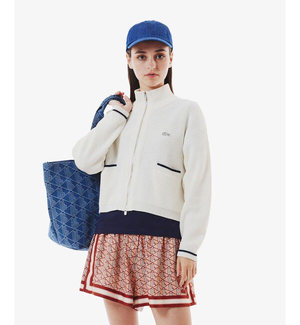 LACOSTE「ジップアップローゲージニットブルゾン」|カーディガン|ホワイト