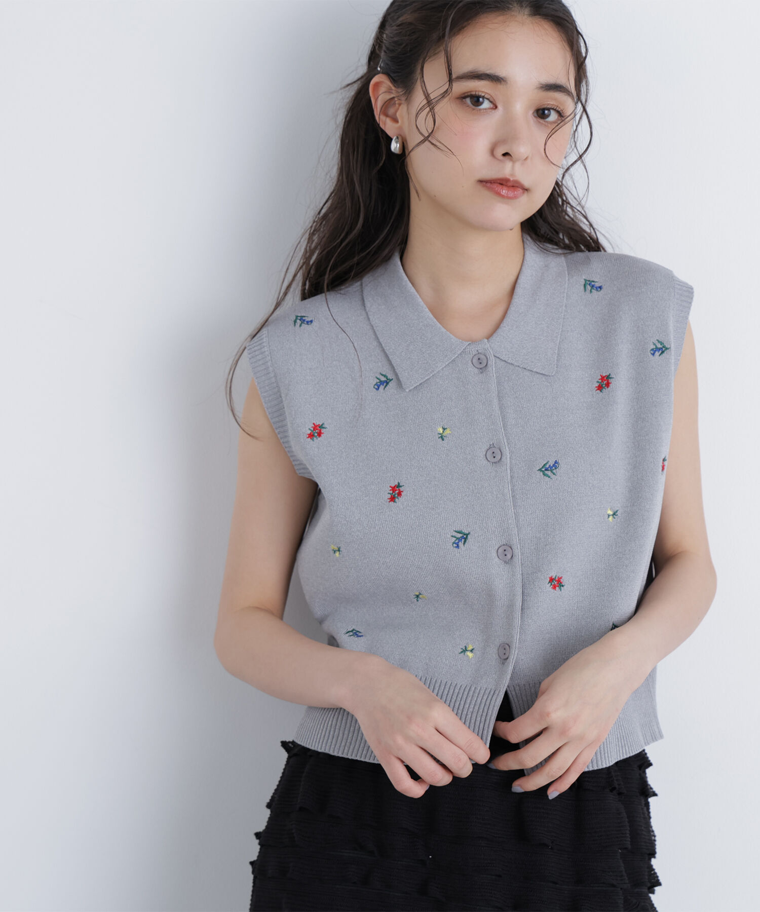  「〈N.〉ポロカラーフラワー刺繍ニット」|ニット・セーター|