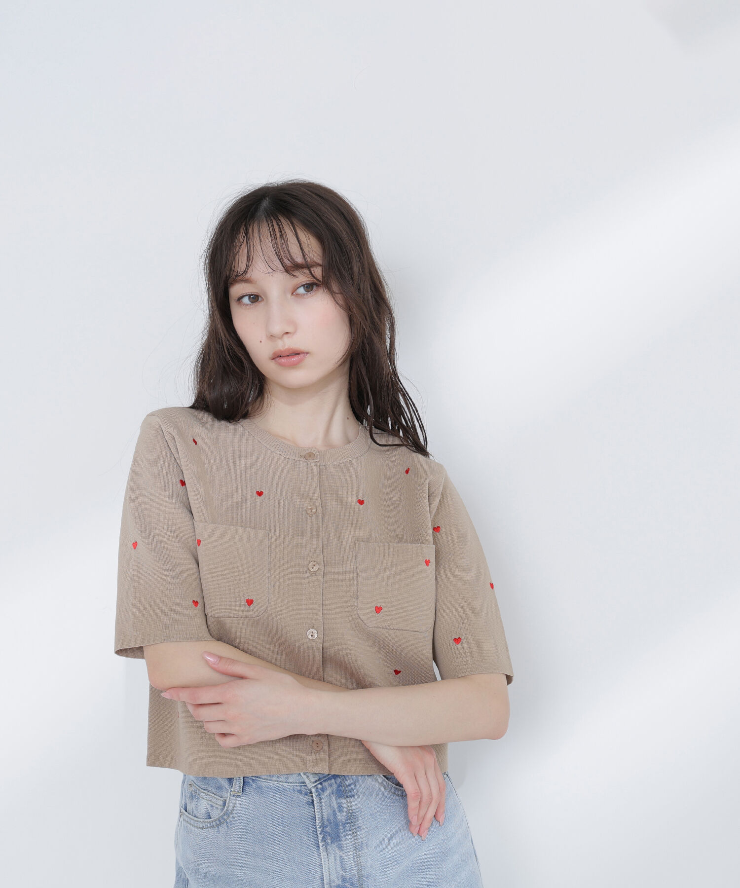  「ハート刺繍ニットジャケット」|ニット・セーター|ベージュ2