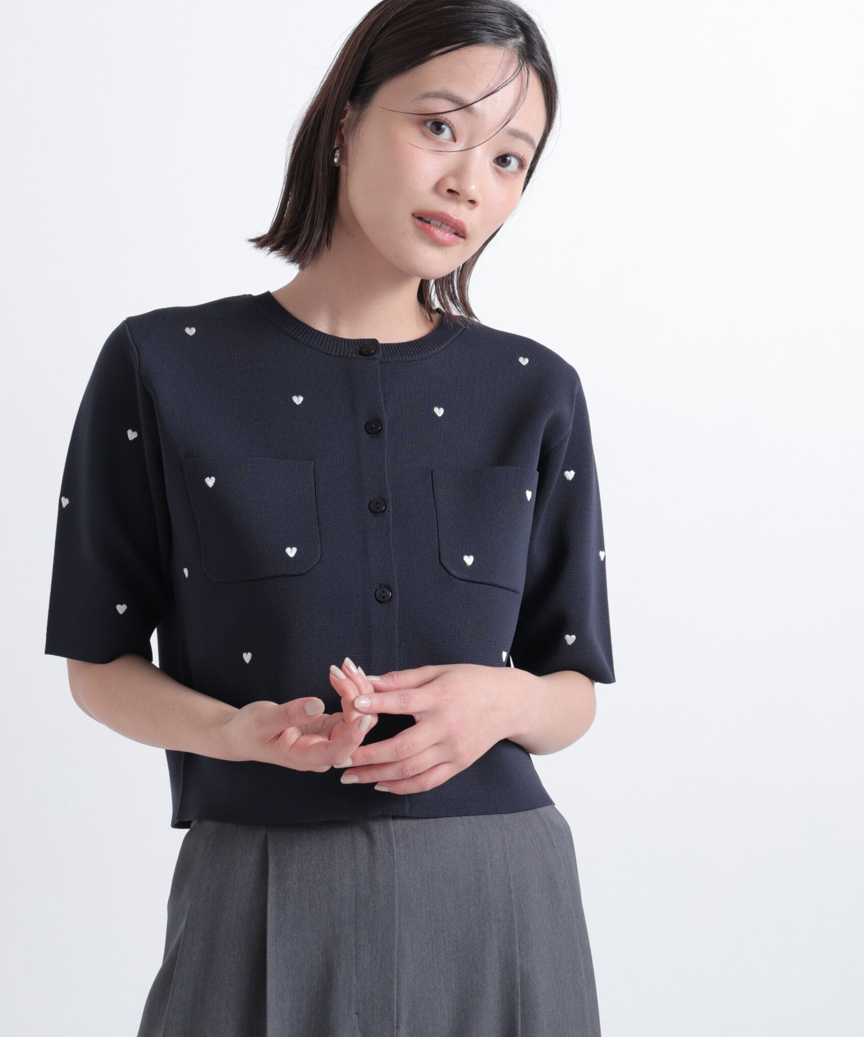  「ハート刺繍ニットジャケット」|ニット・セーター|ネイビー2