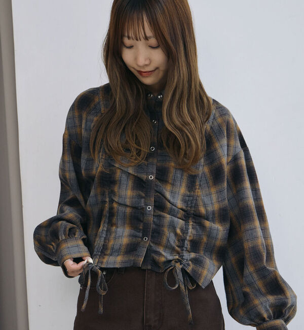 archives「チェックドロストショートネルシャツ」|シャツ・ブラウス|DARK BROWN