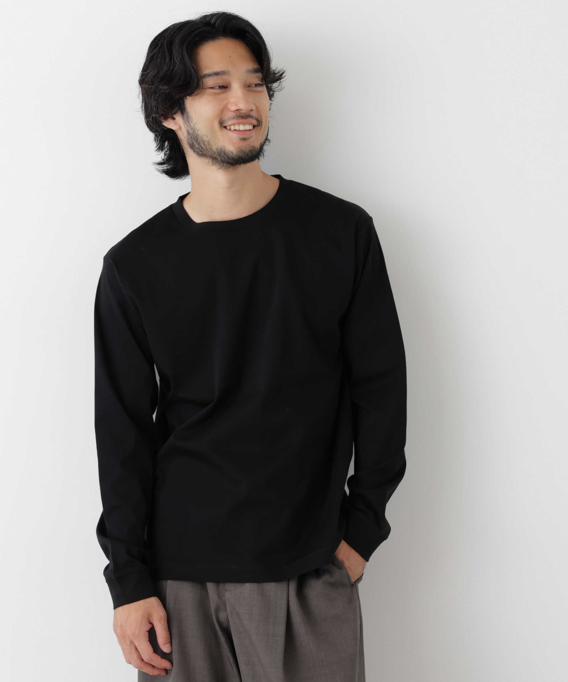 NANO universe「アンチスメルクルーネックTシャツ 長袖」|Tシャツ・カットソー|ブラック