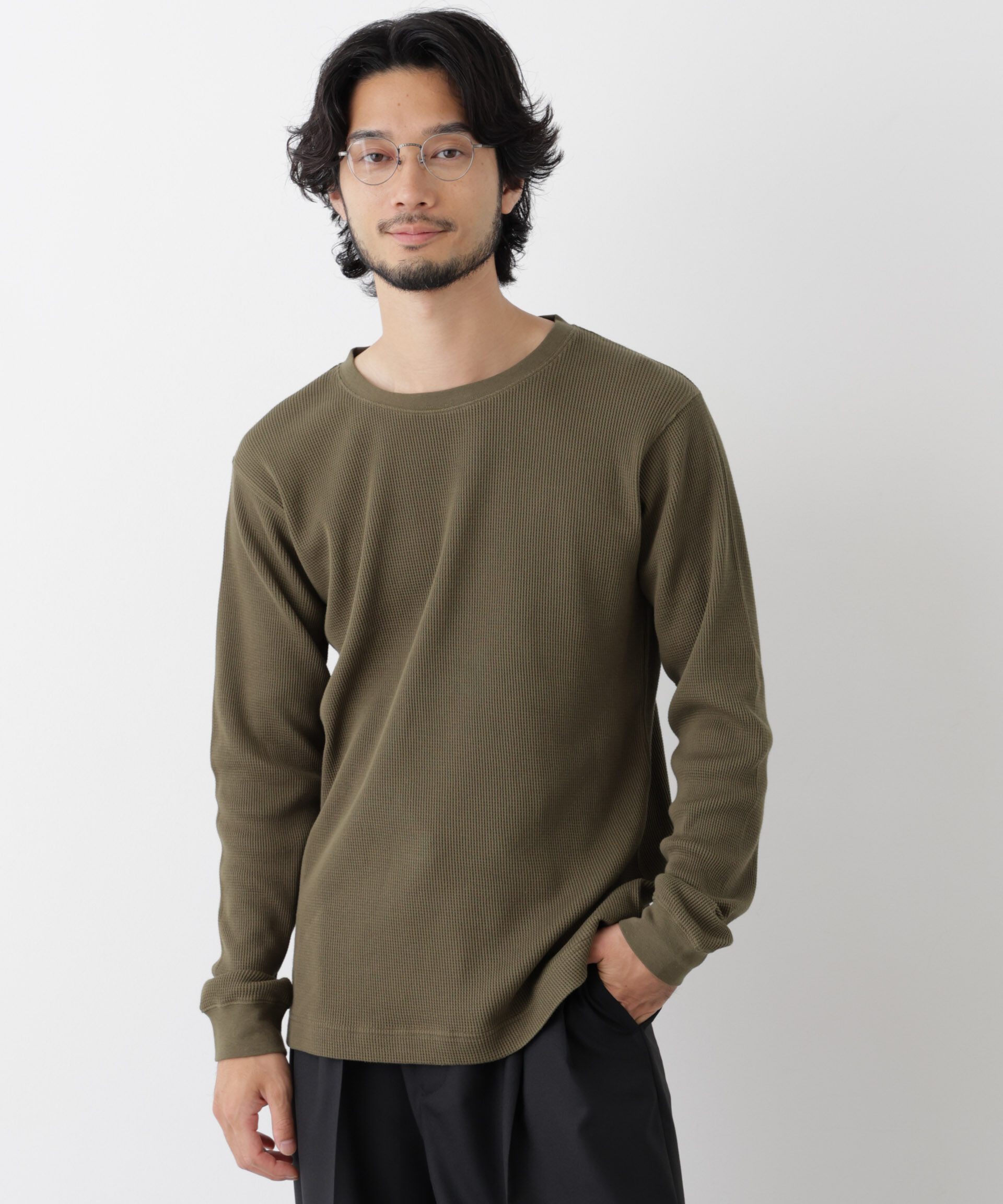 NANO universe「アンチスメルワッフル Tシャツ 長袖」|Tシャツ・カットソー|カーキ