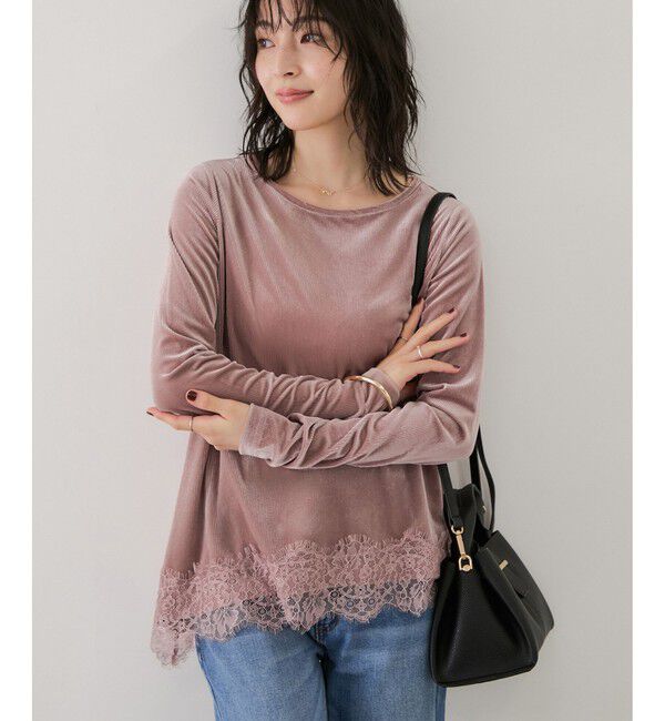 VIS「リブベロアアシンメトリー裾レーストップス」|Tシャツ・カットソー|ピンク(63)