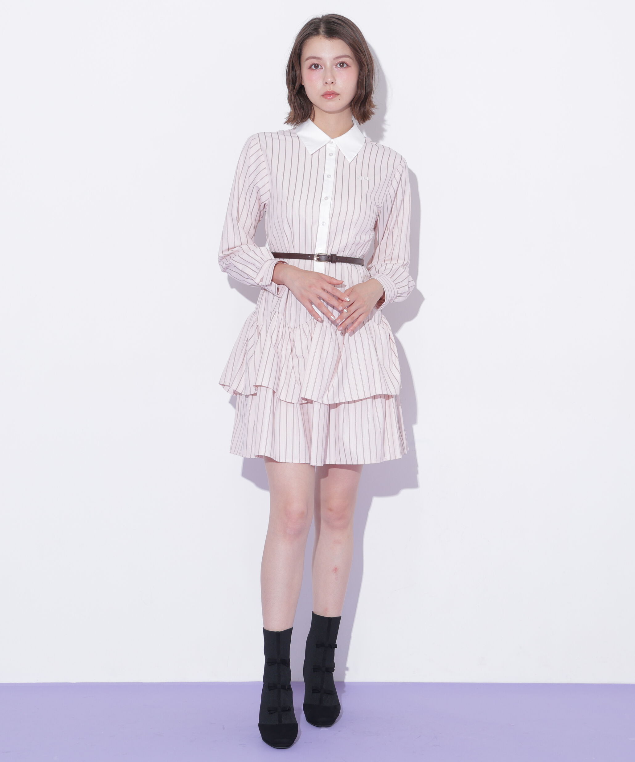  「ベルト付きミニシャツワンピース」|ワンピース|