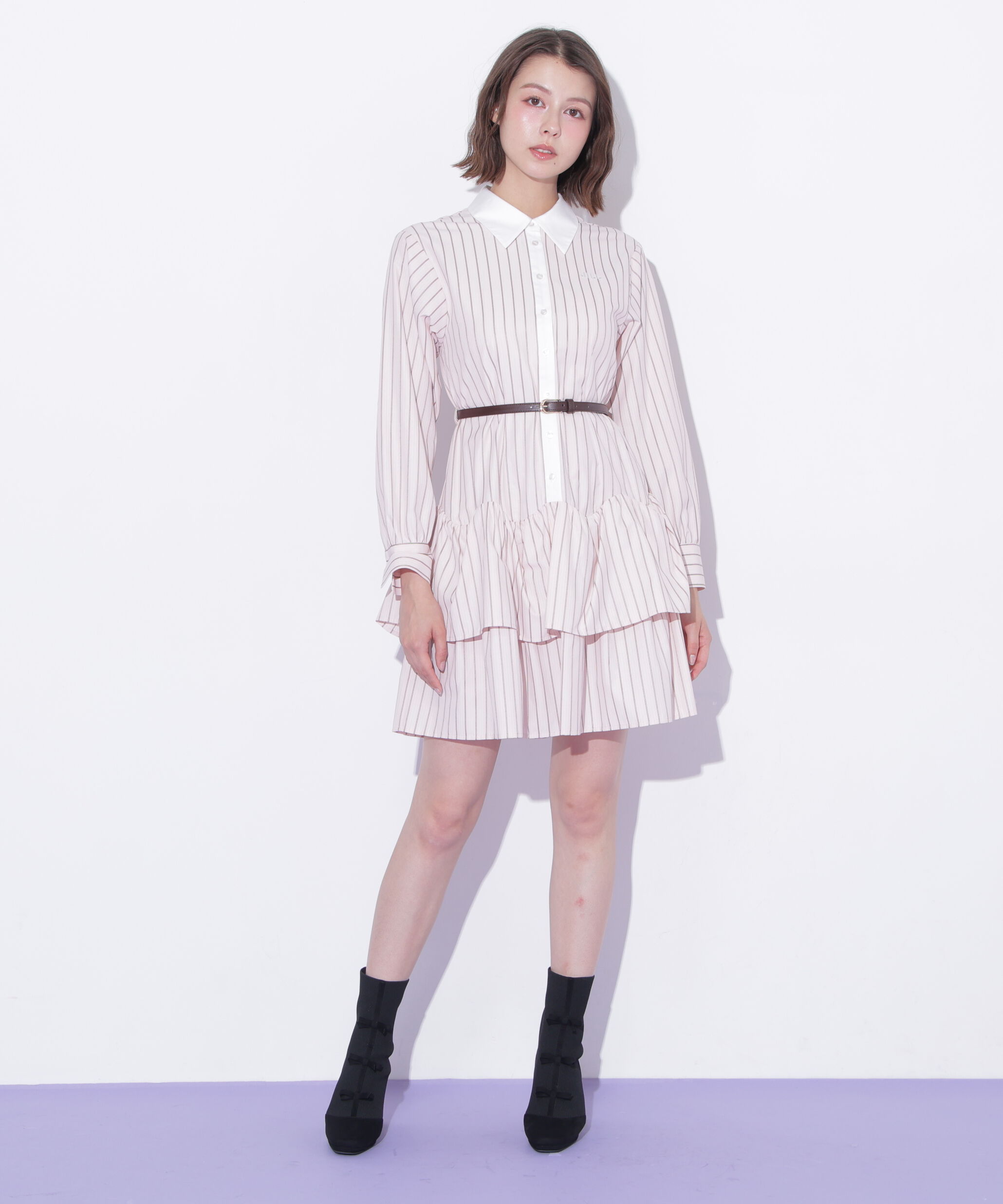  「ベルト付きミニシャツワンピース」|ワンピース|