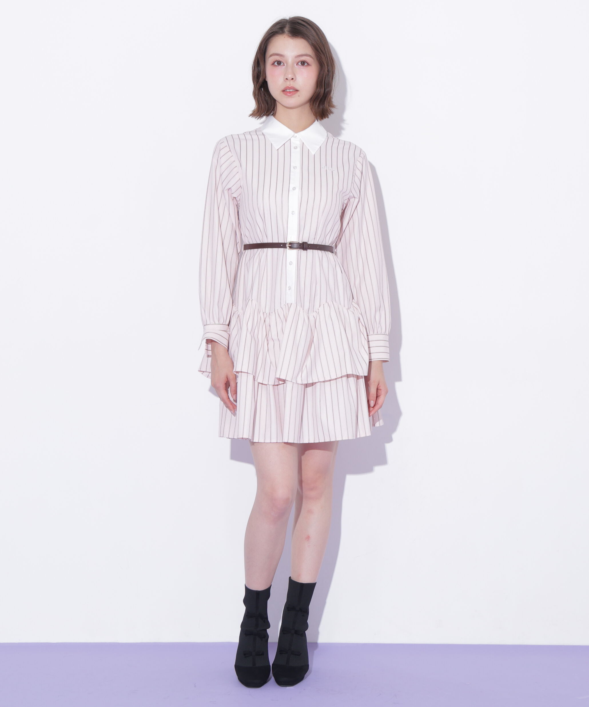  「ベルト付きミニシャツワンピース」|ワンピース|