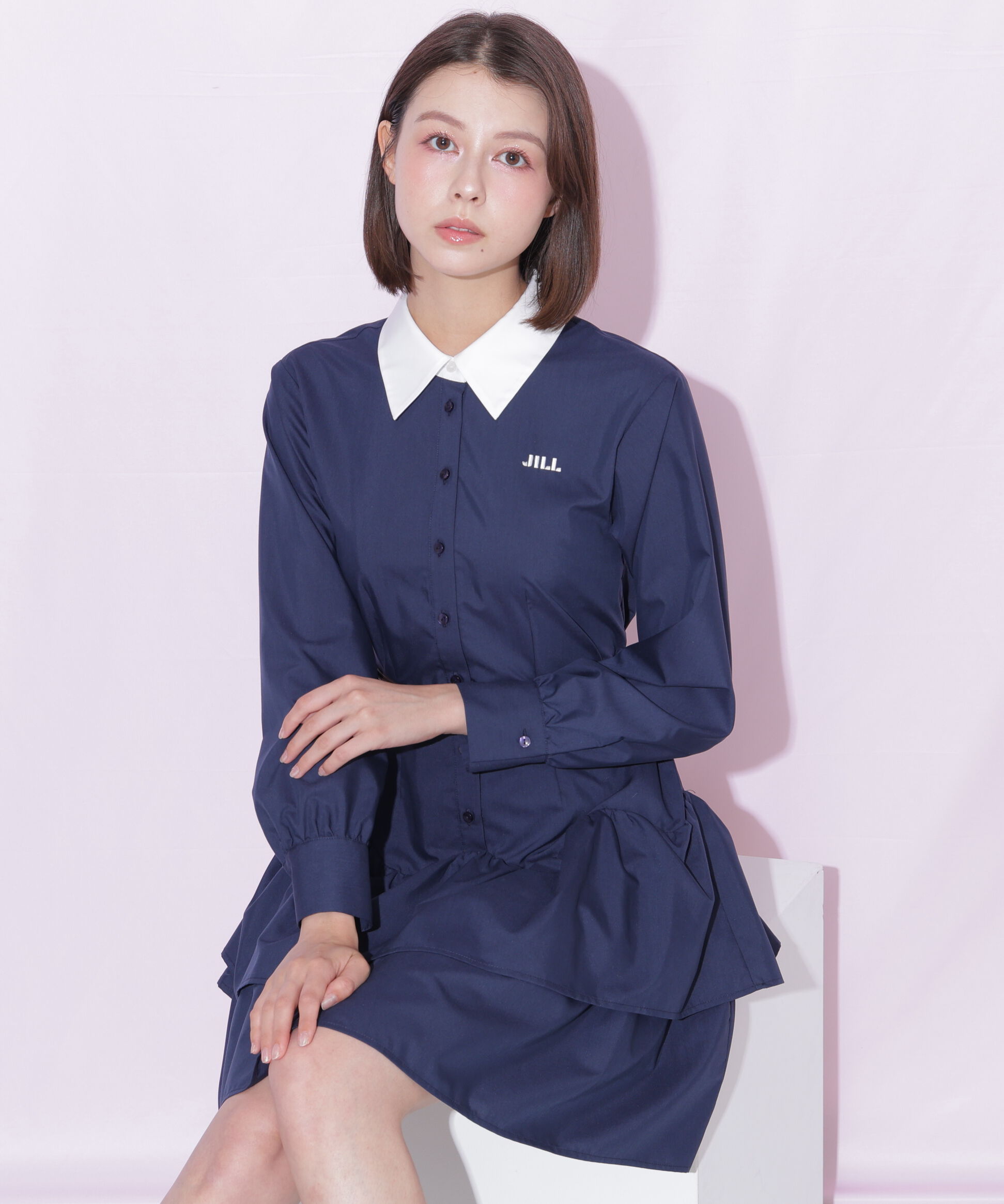  「ベルト付きミニシャツワンピース」|ワンピース|ネイビー