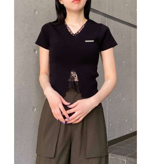 MURUA「レースレイヤードVネックハーフニット」|ニット・セーター|
