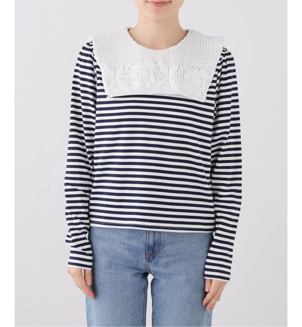 SLOBE IENA「nap/ナップ Crochet Collar Border Top 5641005」|Tシャツ・カットソー|ネイビー