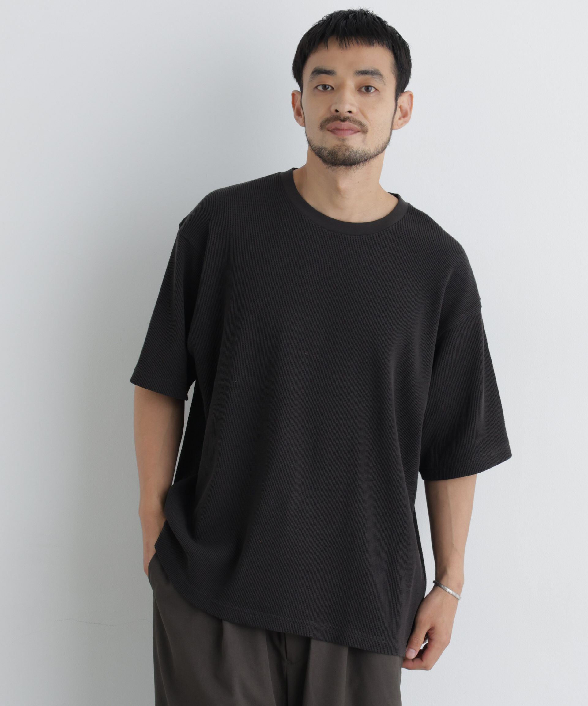NANO universe「USAコットン&times;COOLMAX(R) ワッフルワイドTシャツ半袖」|Tシャツ・カットソー|ブラック