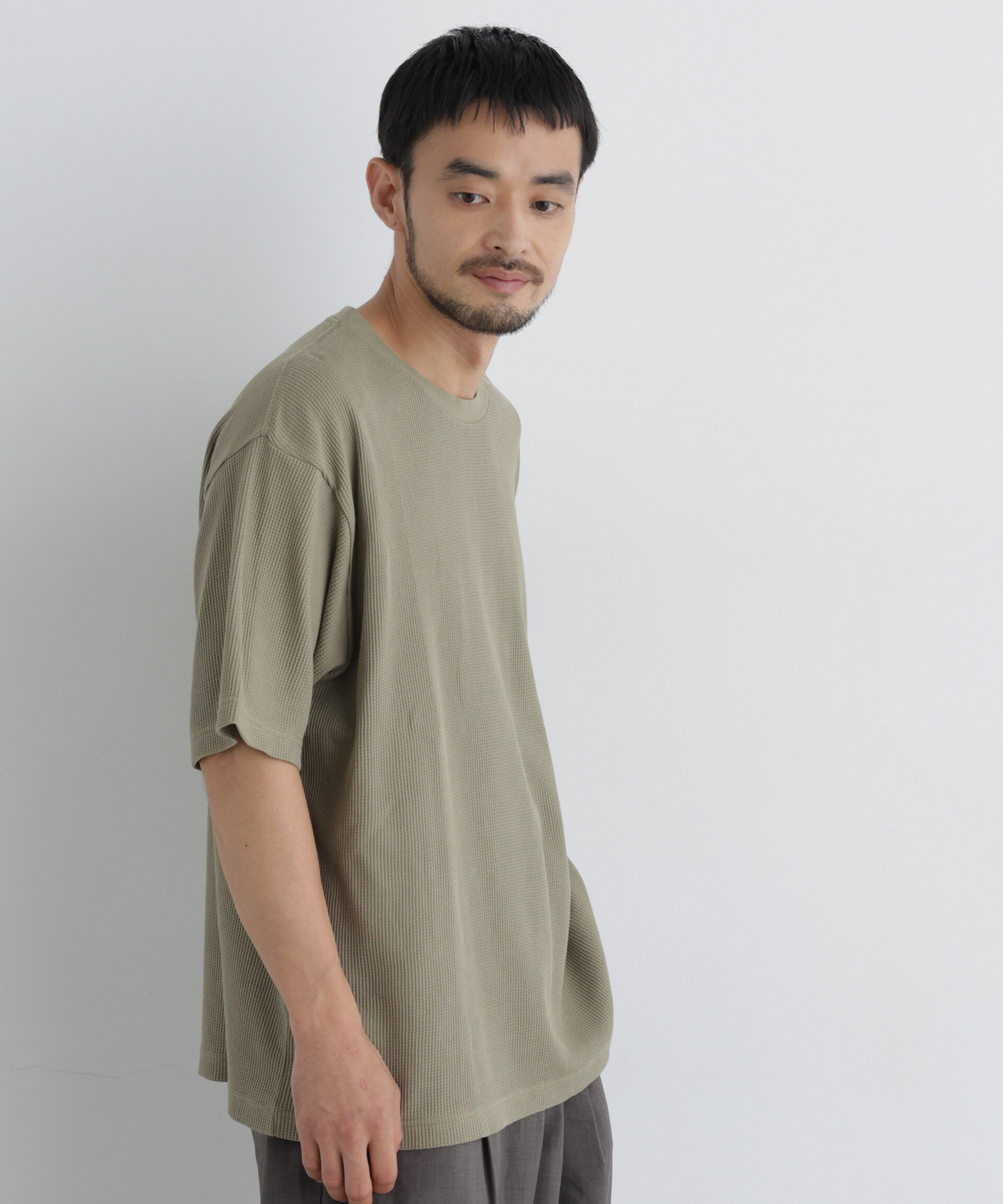 NANO universe「USAコットン&times;COOLMAX(R) ワッフルワイドTシャツ半袖」|Tシャツ・カットソー|カーキ