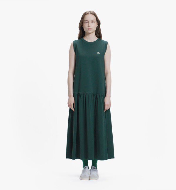 LACOSTE「ローウエストノースリーブ鹿の子ドレス」|ワンピース|ダークグリーン