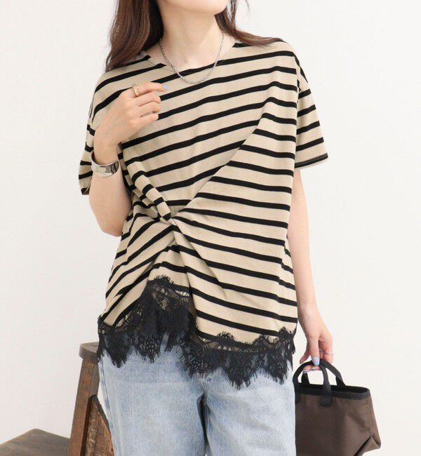 fredy emue「ボーダーアシメツイストプルオーバーTシャツ」|Tシャツ・カットソー|ベージュ系その他