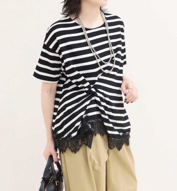 fredy emue「ボーダーアシメツイストプルオーバーTシャツ」|Tシャツ・カットソー|ブラック系その他