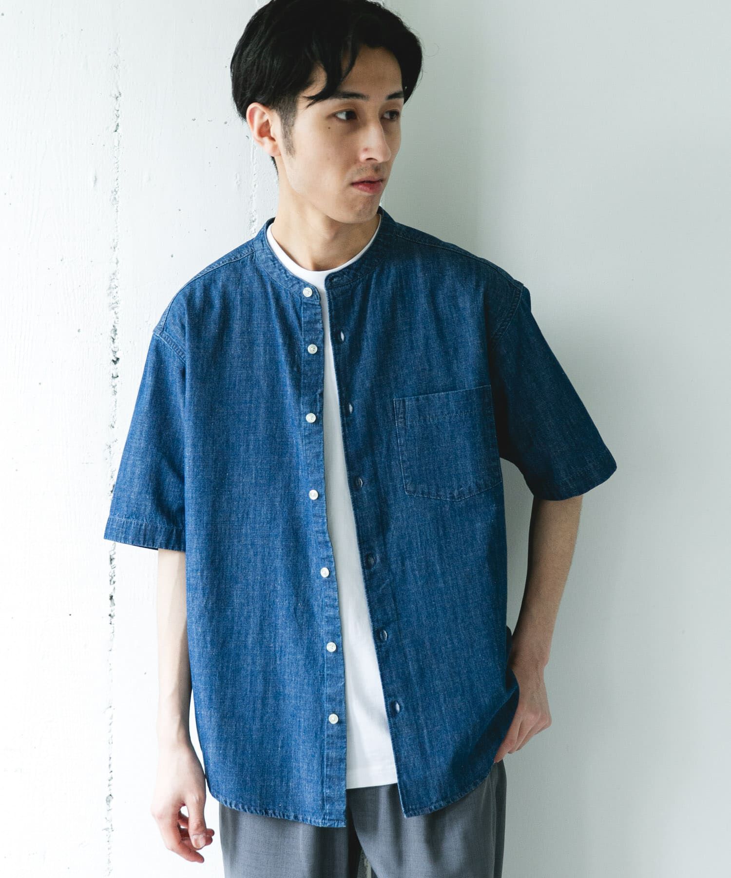 URBAN RESEARCH DOORS「リネンブレンド デニムバンドショートスリーブシャツ」|シャツ・ブラウス|