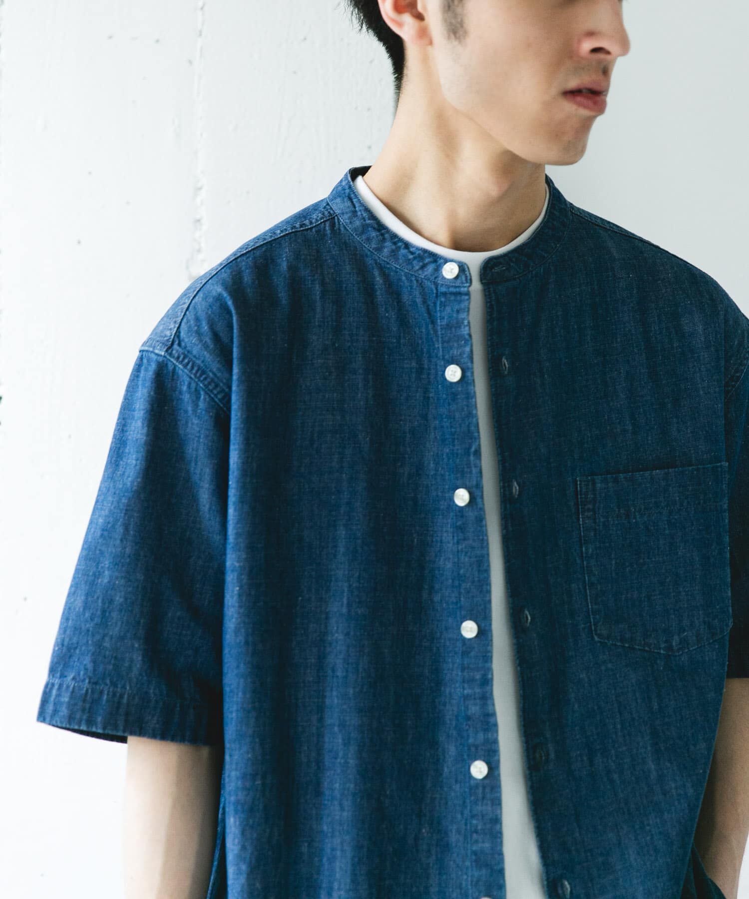 URBAN RESEARCH DOORS「リネンブレンド デニムバンドショートスリーブシャツ」|シャツ・ブラウス|
