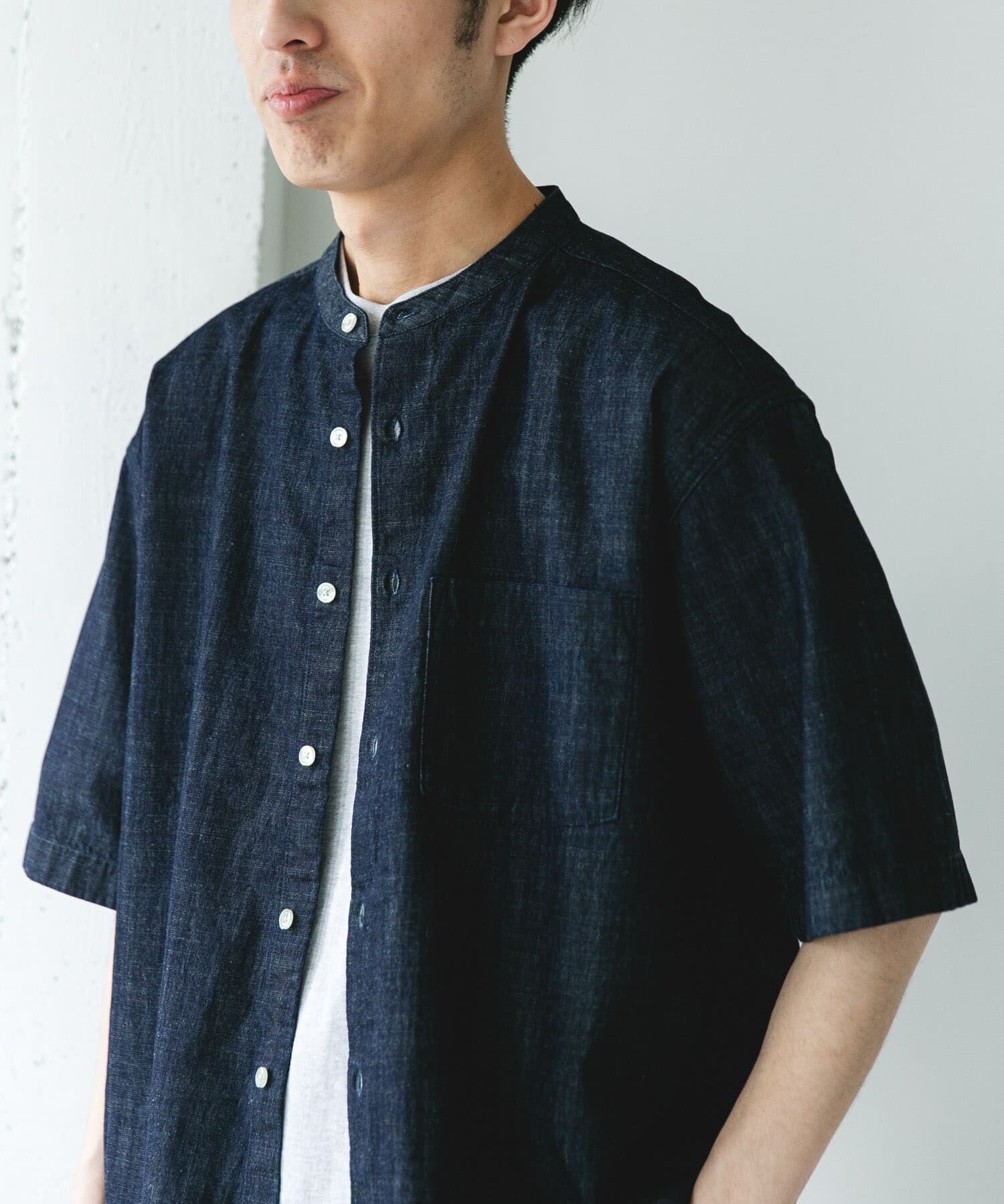 URBAN RESEARCH DOORS「リネンブレンド デニムバンドショートスリーブシャツ」|シャツ・ブラウス|