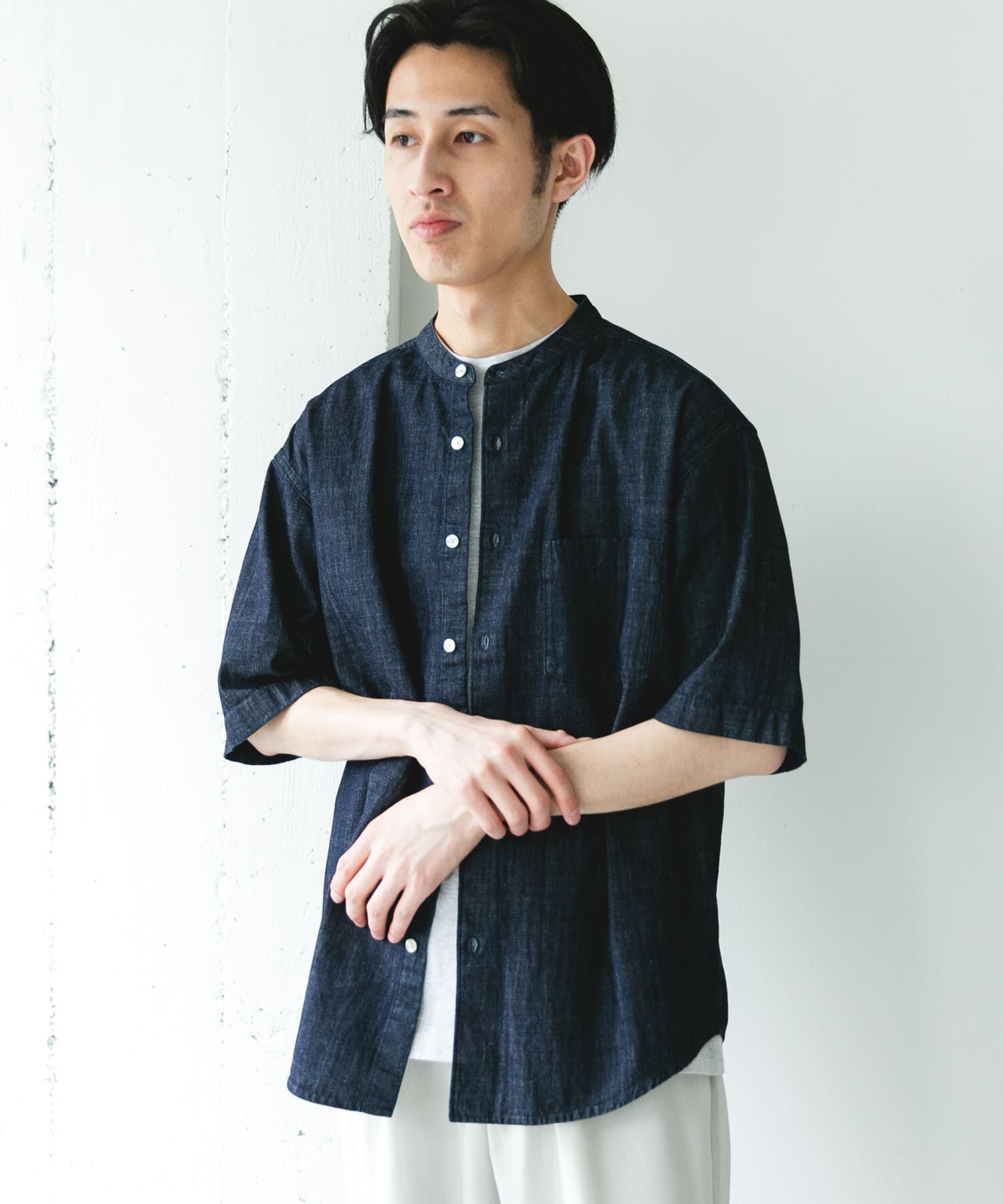 URBAN RESEARCH DOORS「リネンブレンド デニムバンドショートスリーブシャツ」|シャツ・ブラウス|