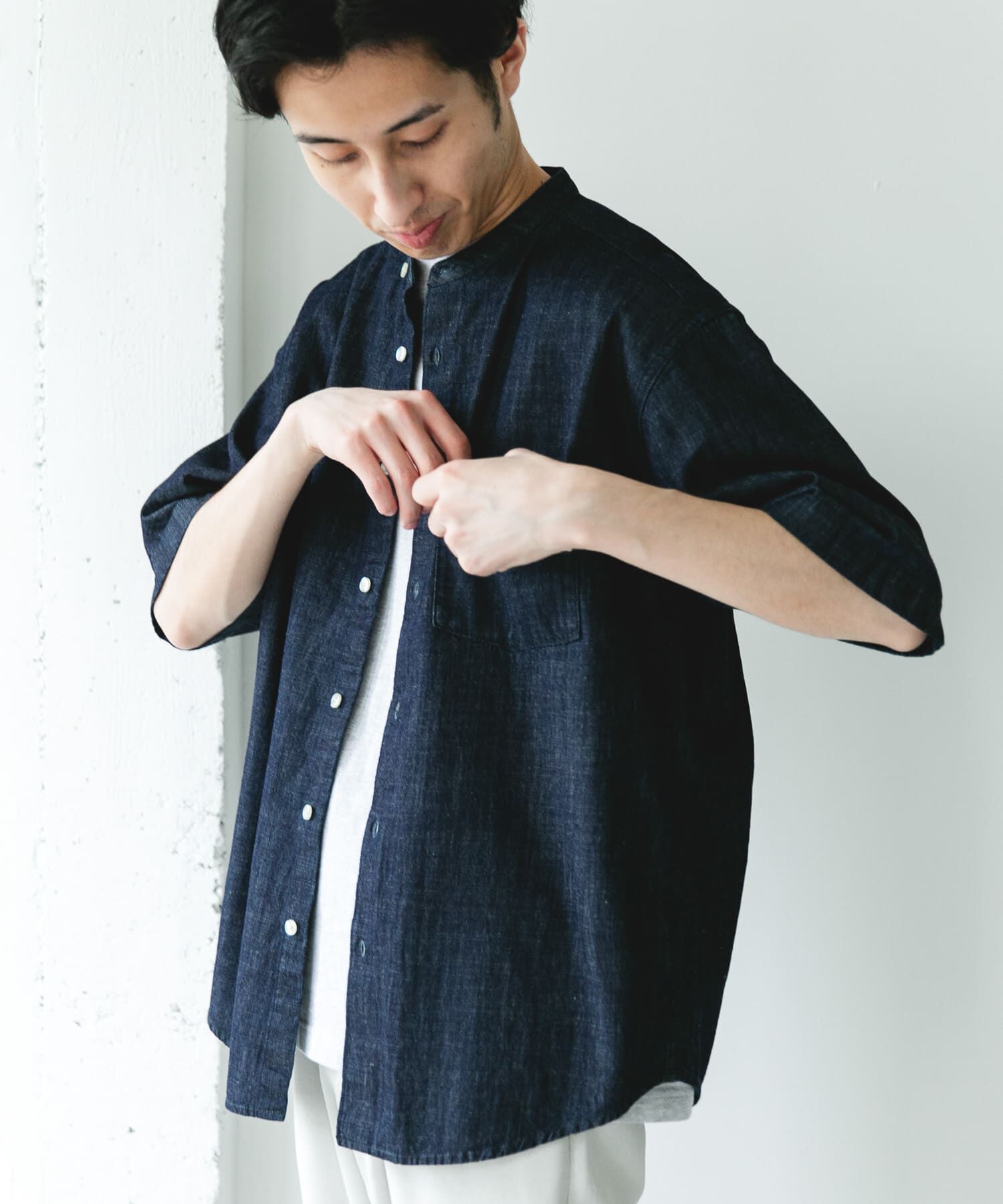 URBAN RESEARCH DOORS「リネンブレンド デニムバンドショートスリーブシャツ」|シャツ・ブラウス|