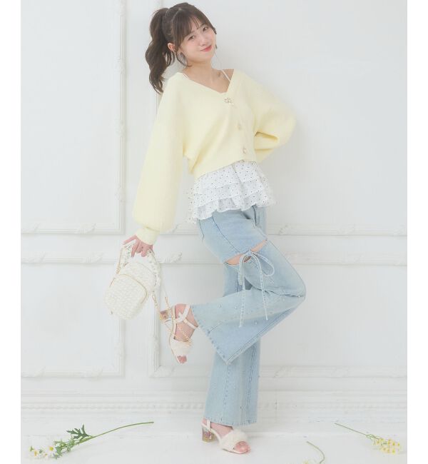  「スリットビジューフレアデニムパンツ」|デニム|