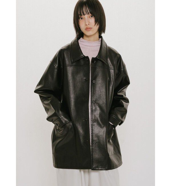 MIDIUMISOLID「MIDIUMISOLID for Ladies シンセティックレザーオーバーサイズブルゾン」|テーラードジャケット|ブラック