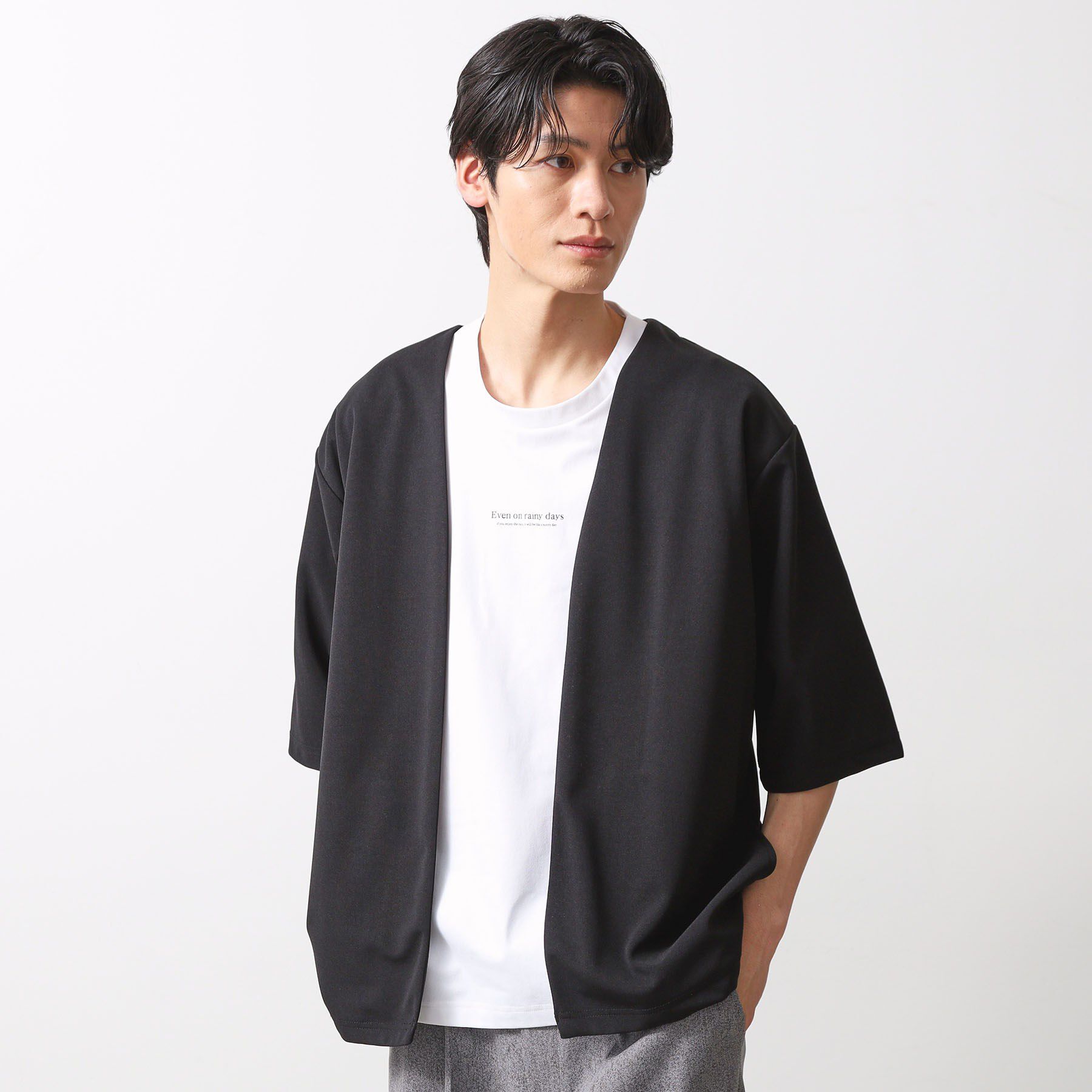 THE SHOP TK「五分袖カーディガン+半袖Tシャツセットアイテム 洗濯機OK」|カーディガン|ブラック(019)