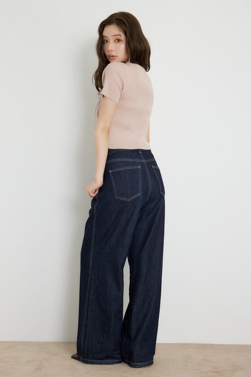 rienda「ウォッシャブルリボンハーフスリーブニットトップス」|ニット・セーター|
