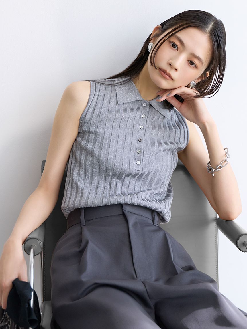 Mila Owen「【ウォッシャブル】シアーラメノースリポロニットプルオーバー」|ポロシャツ|GRY