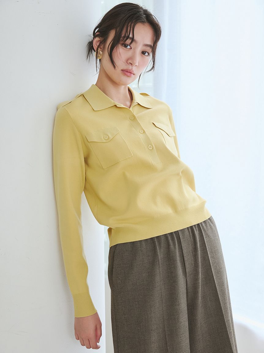 Mila Owen「シルク混ワークディティールポロニットプルオーバー」|ポロシャツ|YEL