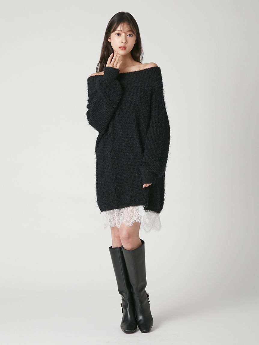 FRAY I.D「【WEB限定】レースレイヤードニットミニワンピース」|ワンピース|