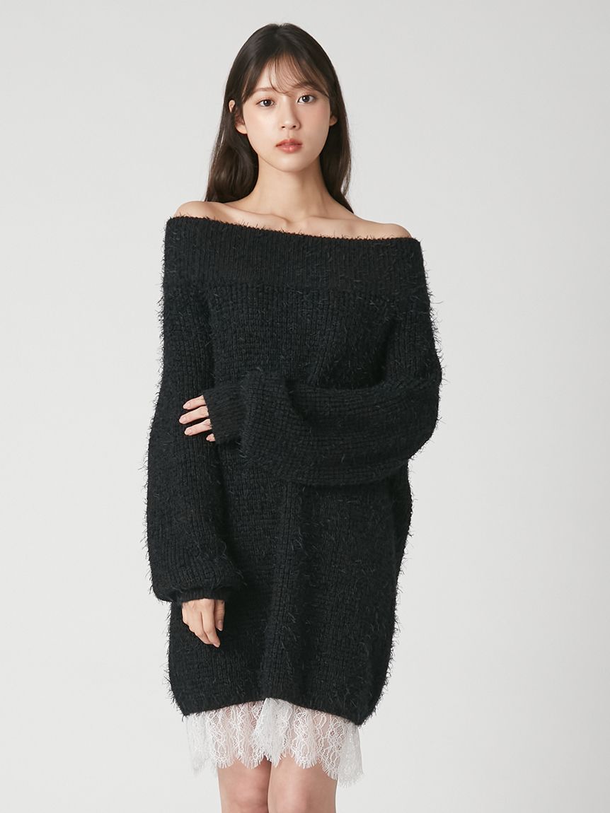 FRAY I.D「【WEB限定】レースレイヤードニットミニワンピース」|ワンピース|BLK