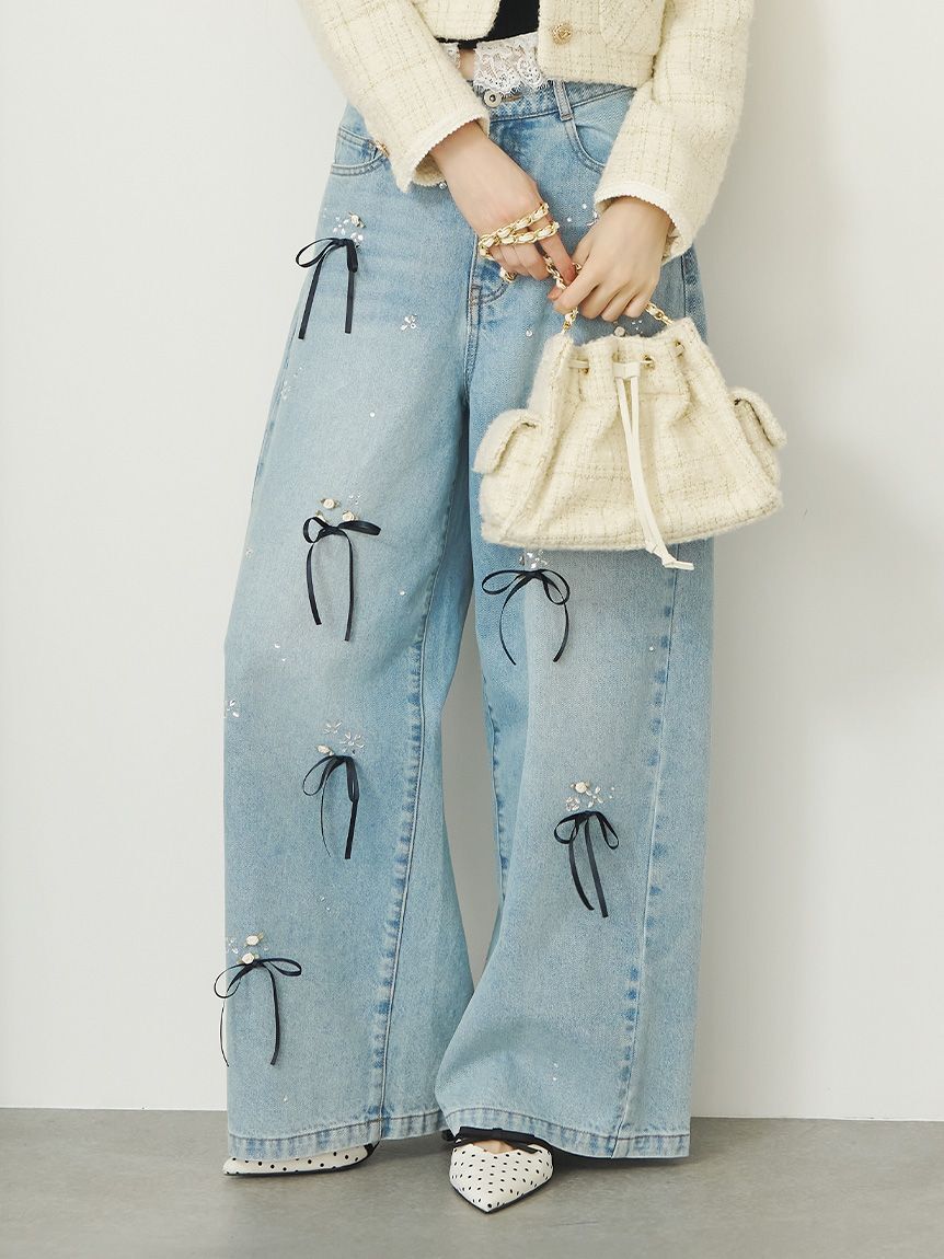 LILY BROWN「【WEB限定00サイズ】[L.B CANDY STOCK] フラワービジューデニムパンツ」|デニム|