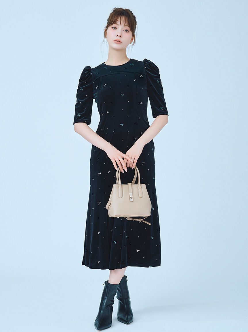 CELFORD「リボンドット刺繍ベロアワンピース」|ワンピース|