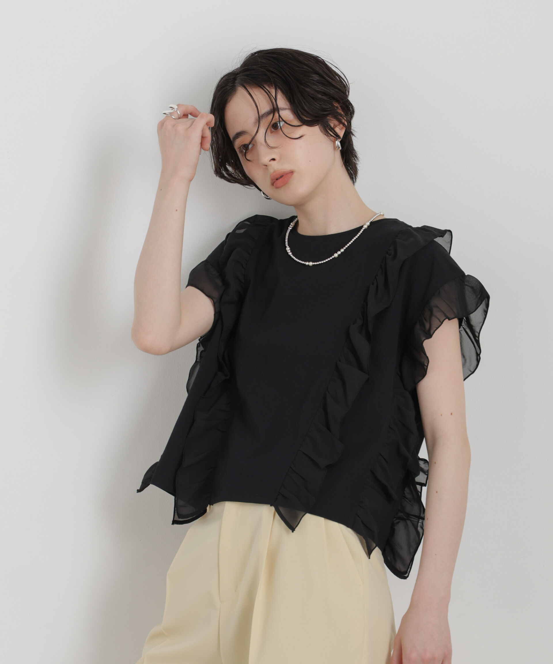 NANO universe「シフォンフリルカットソー」|Tシャツ・カットソー|ブラック