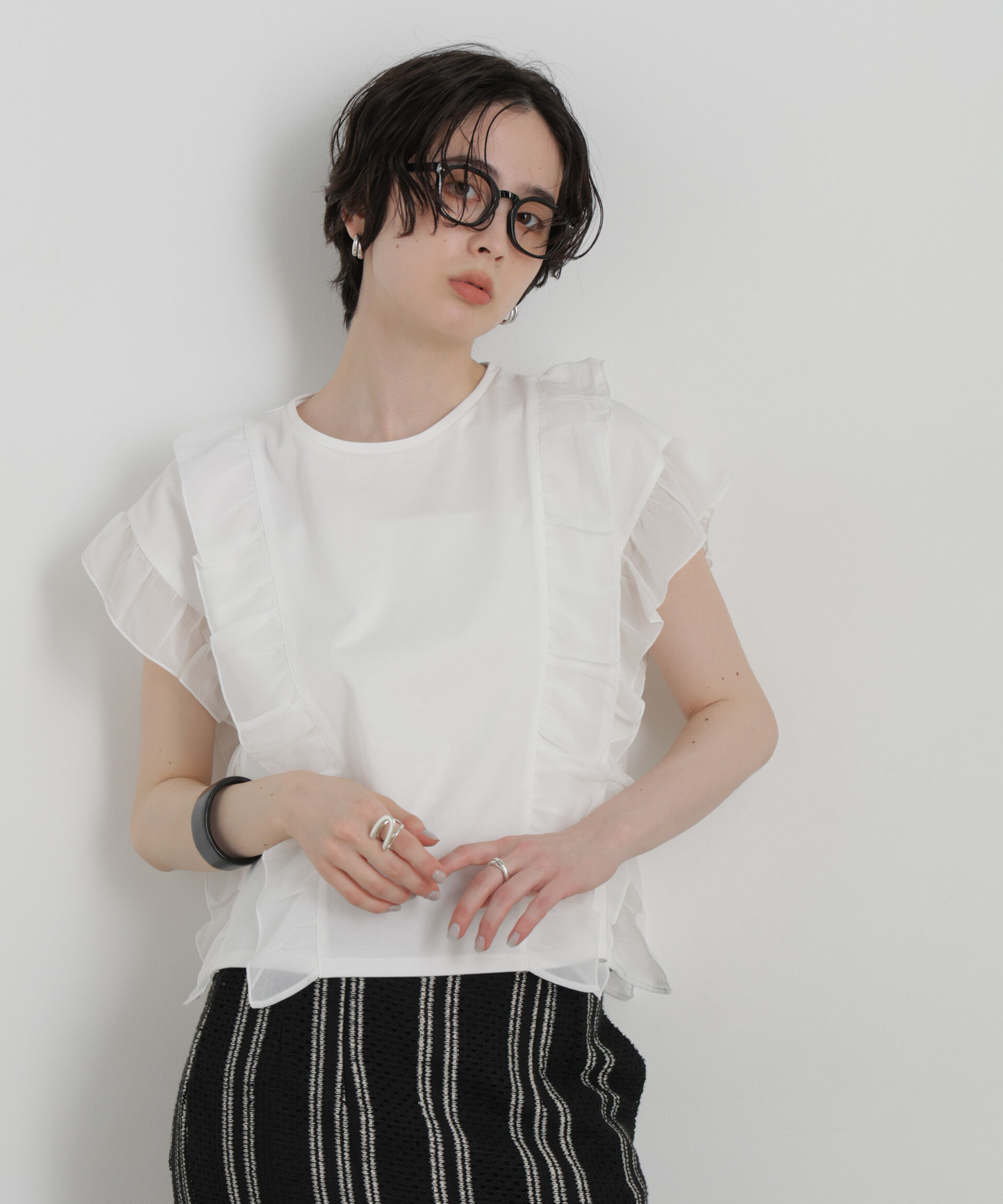 NANO universe「シフォンフリルカットソー」|Tシャツ・カットソー|オフホワイト1