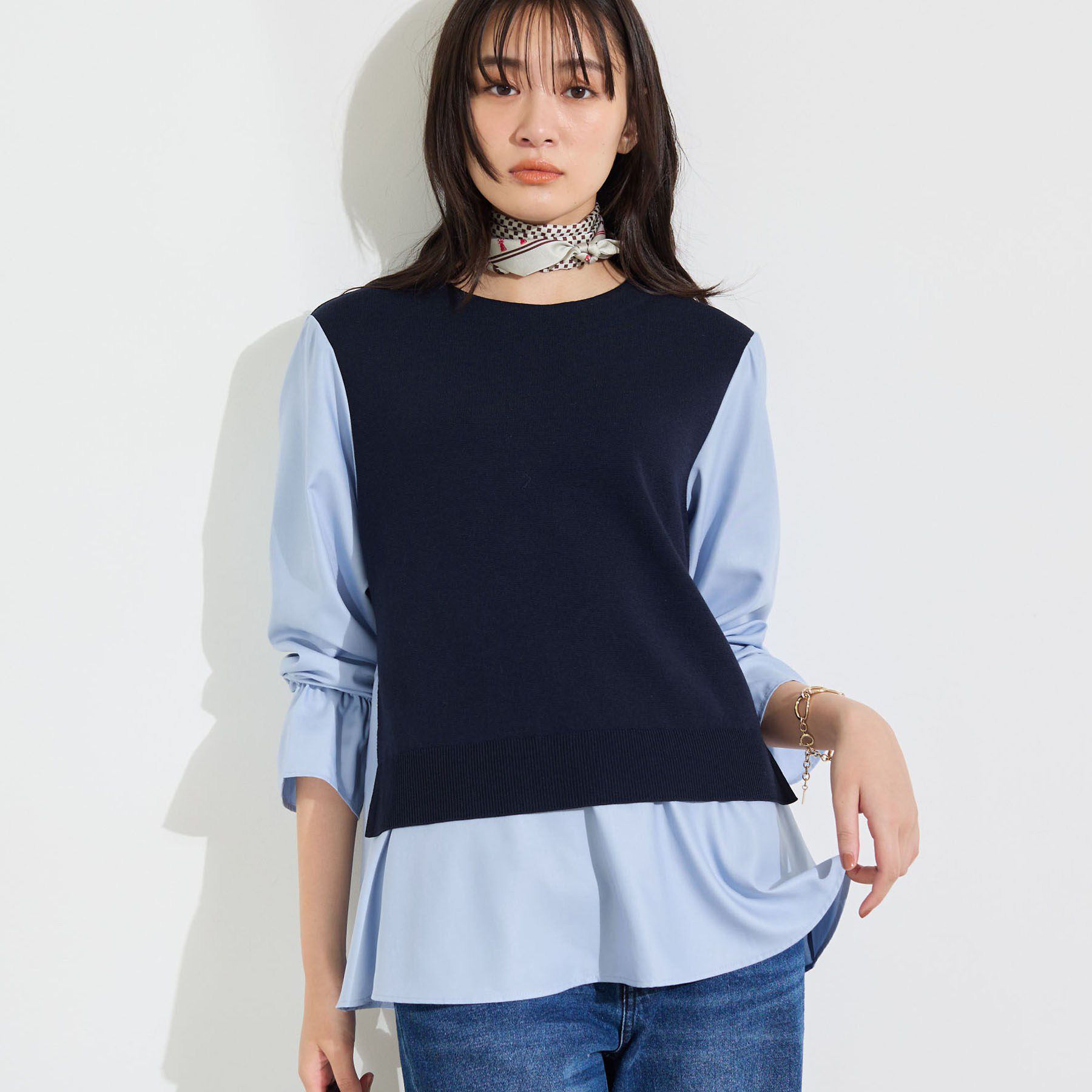 INDIVI「【洗える／1枚でコーデ完成】重ね着風ニットトップス」|Tシャツ・カットソー|ネイビー(594)