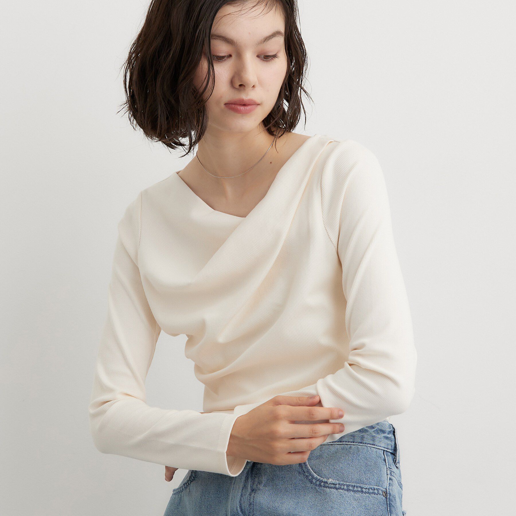 THE SHOP TK「ドレープネック リブカットソー」|Tシャツ・カットソー|アイボリー(004)