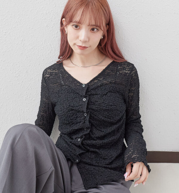 archives「【ＯＮかわ】カットレースフロントタックＴＯＰＳ」|Tシャツ・カットソー|BLACK