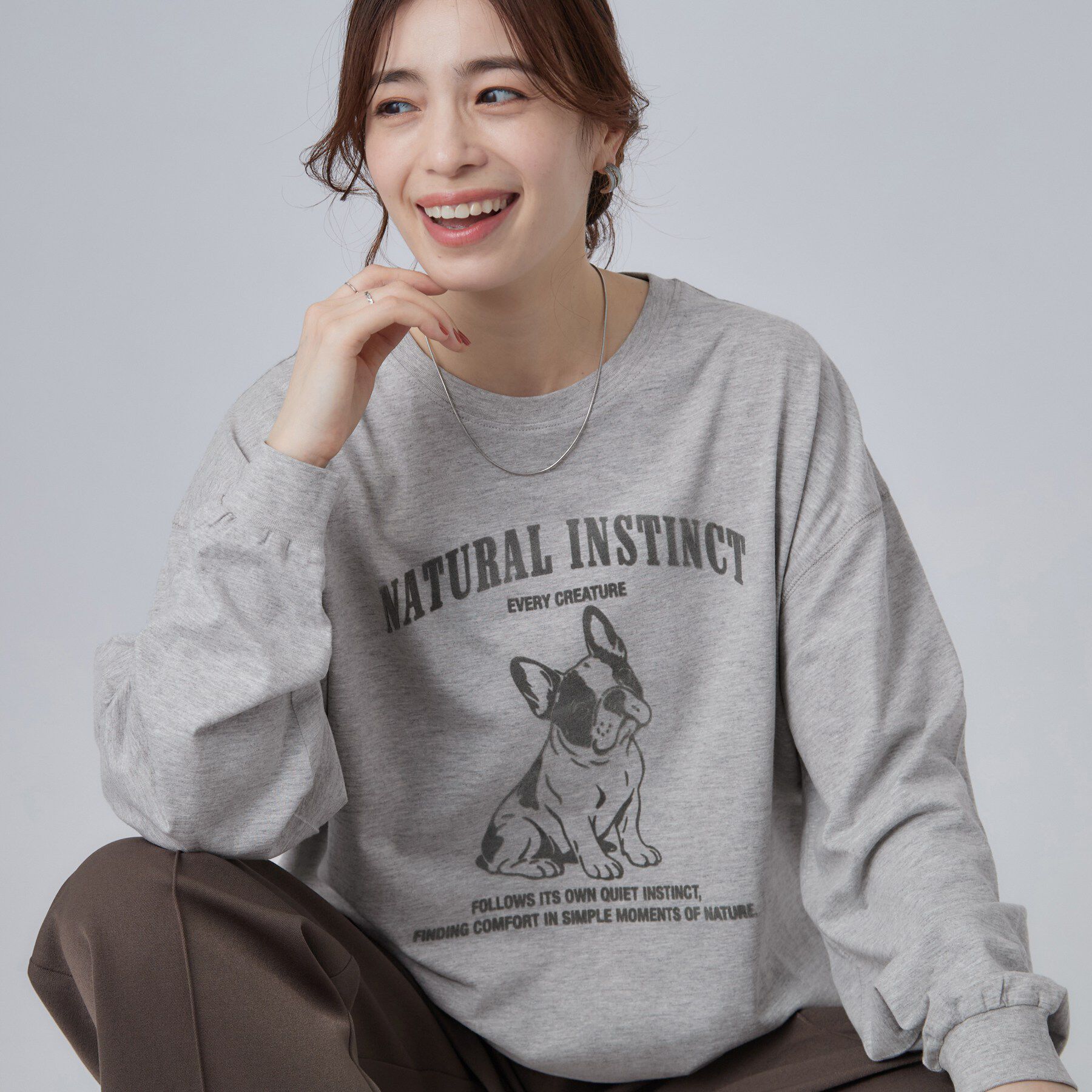 SHOO･LA･RUE「【選べる4柄/体型カバー】ゆるっと着られる BIGロンT」|Tシャツ・カットソー|ライトグレー(011