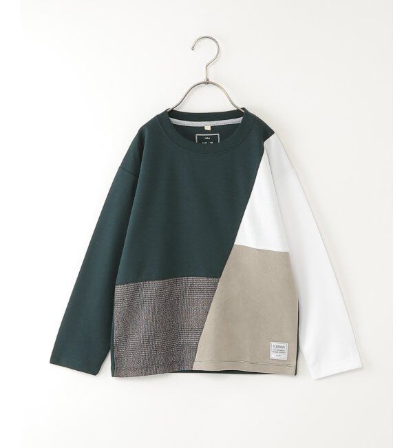 ikka kids「ポンチ異素材ブロックスロンT（120~160cm）」|Tシャツ・カットソー|ダークグリーン