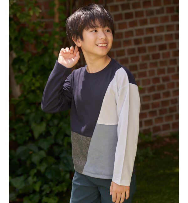 ikka kids「ポンチ異素材ブロックスロンT（120~160cm）」|Tシャツ・カットソー|