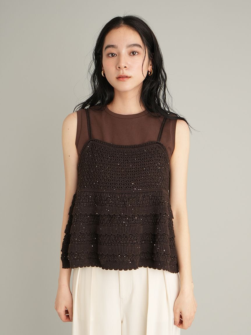 ウォッシャブル】クロシェニットキャミ×ノースリトップス（Mila Owen