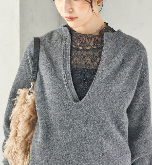SHIPS for women「〈手洗い可能〉フラワー ストレッチ レース ハイネック トップス」|Tシャツ・カットソー|ブラック