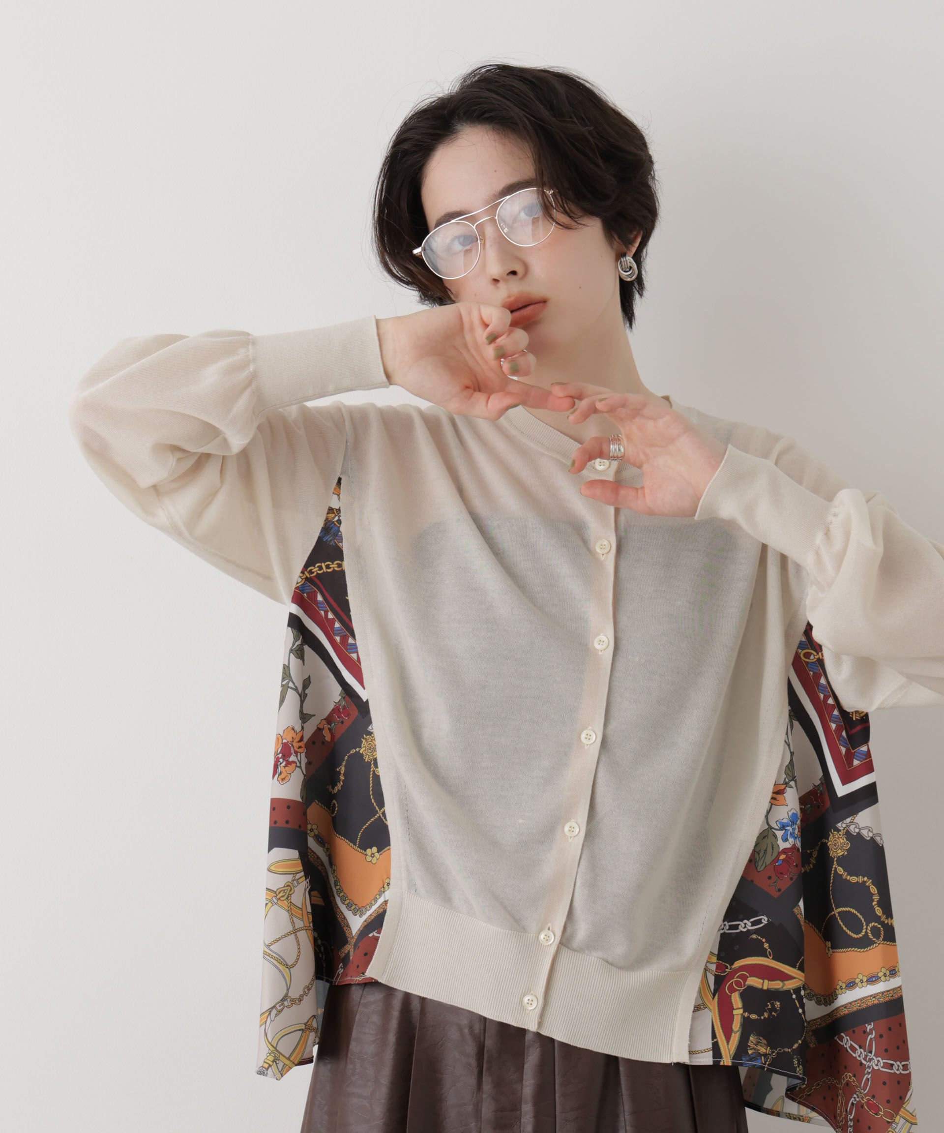 NANO universe「スカーフパターンドッキングニットカーディガン」|ニット・セーター|