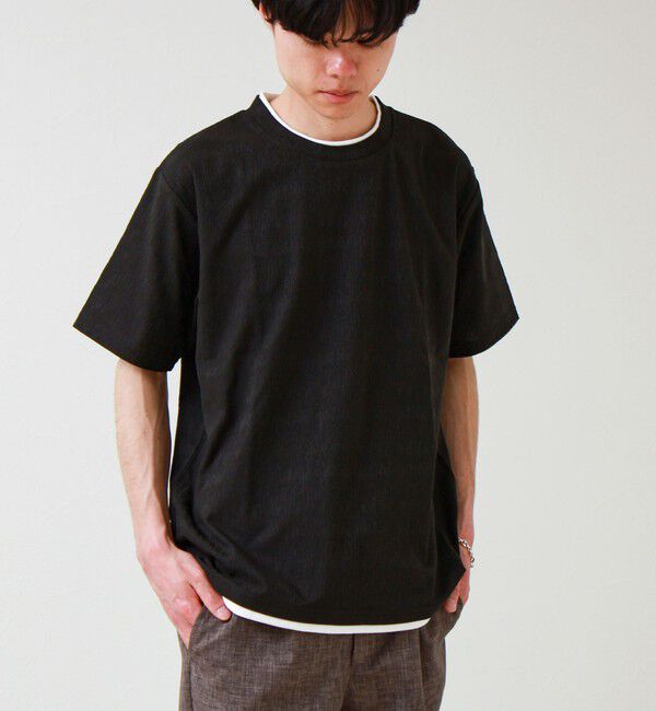 GLOSTER「【1枚でレイヤード風】ストライプジャガード フェイクレイヤーTシャツ」|Tシャツ・カットソー|
