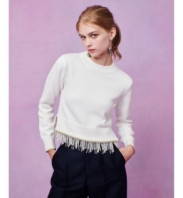LOULOU WILLOUGHBY「【LOULOU WILLOUGHBY】フェイクパールフリンジフェザープルオーバー」|ニット・セーター|