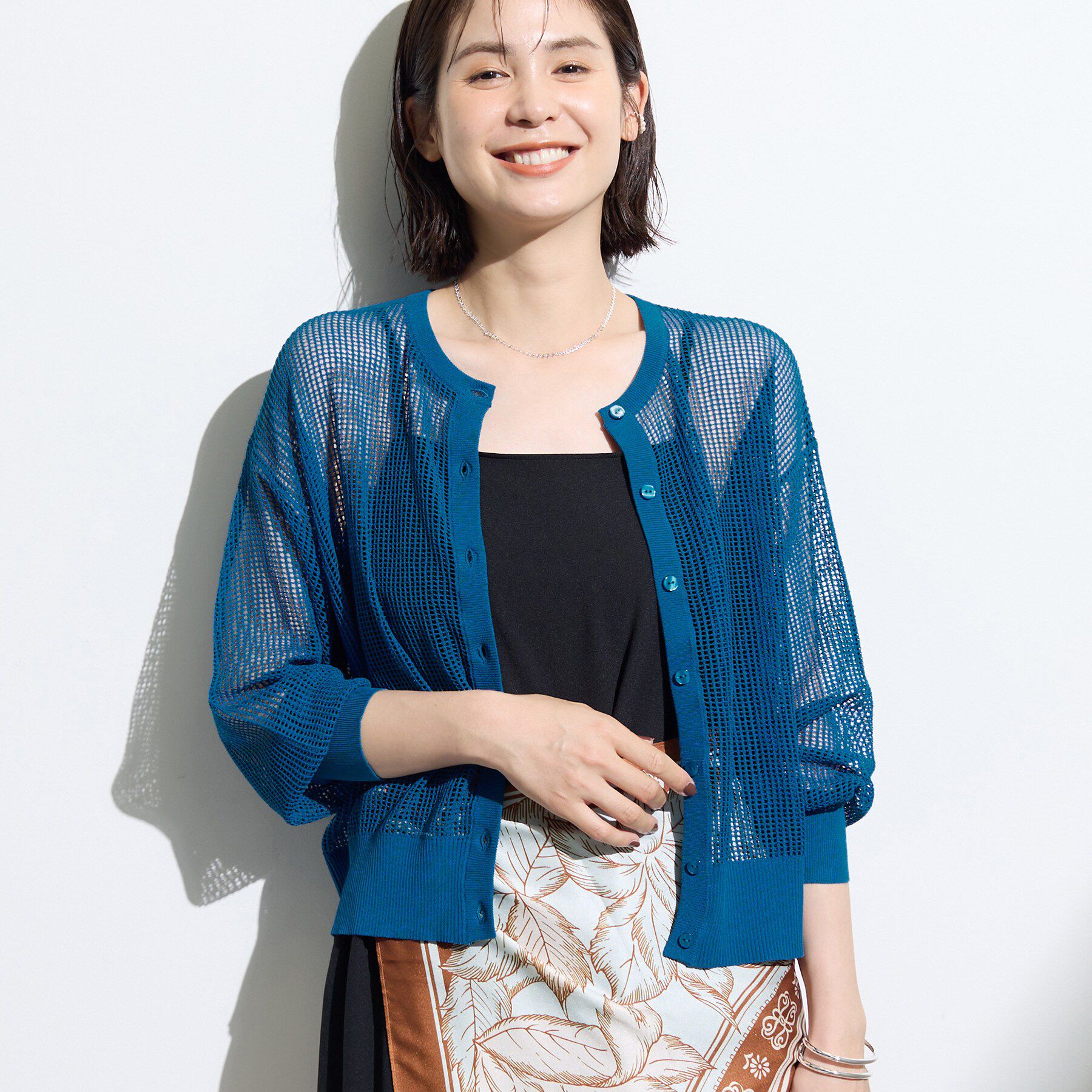 INDIVI「【大人シアー】メッシュ編みニットカーディガン」|カーディガン|ブルーグリーン(09